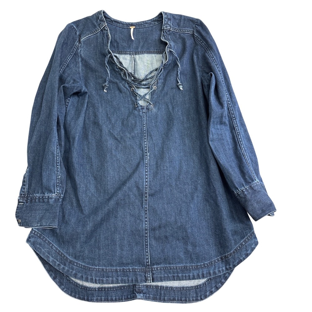 Free People Denim Lace Up Tunic Top Dark Wash Boho Long Sleeve Dress Large